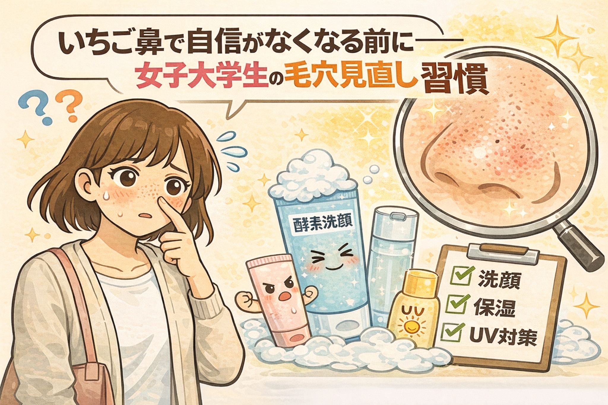 いちご鼻に悩む女子大学生が、自信を失う前に見直すべき毛穴ケア習慣を解説したイラスト。小鼻の毛穴を気にする女性と、酵素洗顔・保湿・UV対策の基本チェックを通して、毛穴状態を立て直すための正しい習慣を分かりやすく表現している。