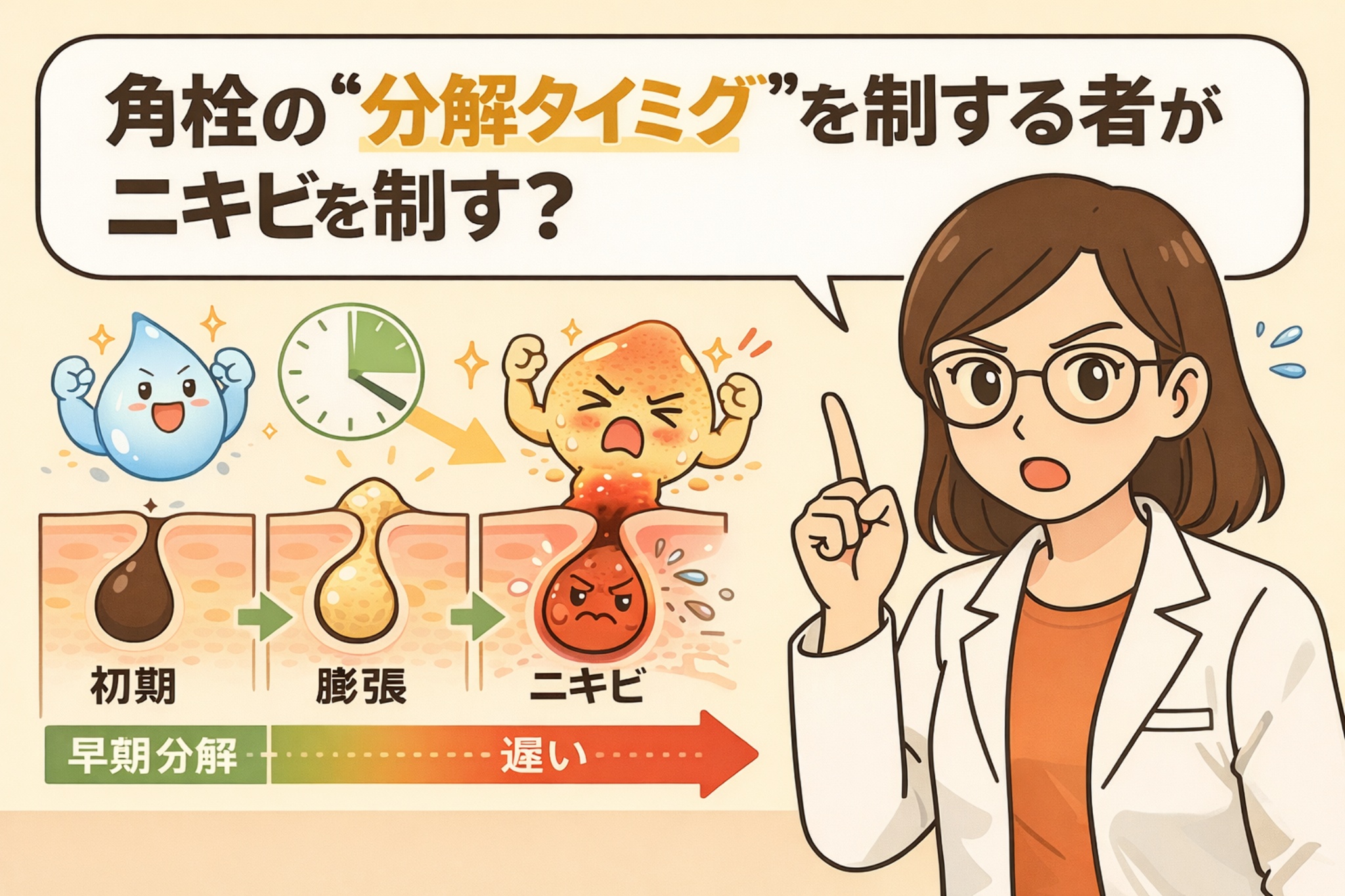 角栓の「分解タイミング」がニキビ発生を左右する仕組みを段階的に示したイラスト。毛穴の初期状態から膨張、ニキビへ進行する流れを時間軸で比較し、早期に角栓が分解・排出される場合と、分解が遅れて炎症につながる場合の違いを、白衣を着た女性が指差しで解説している。