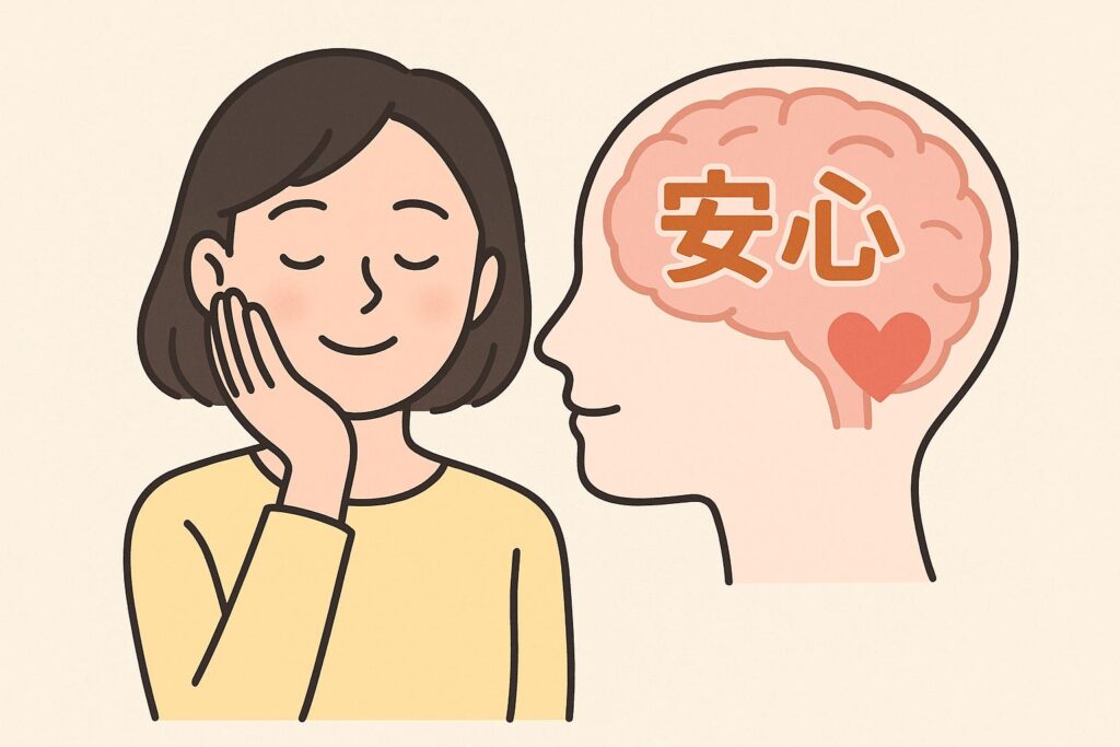 「頬に手を当てて安心した表情を浮かべる女性。その隣には脳のイラストが描かれ、脳内に『安心』の文字とハートマークが表示されている。心理的な安心感を表現したイラスト。