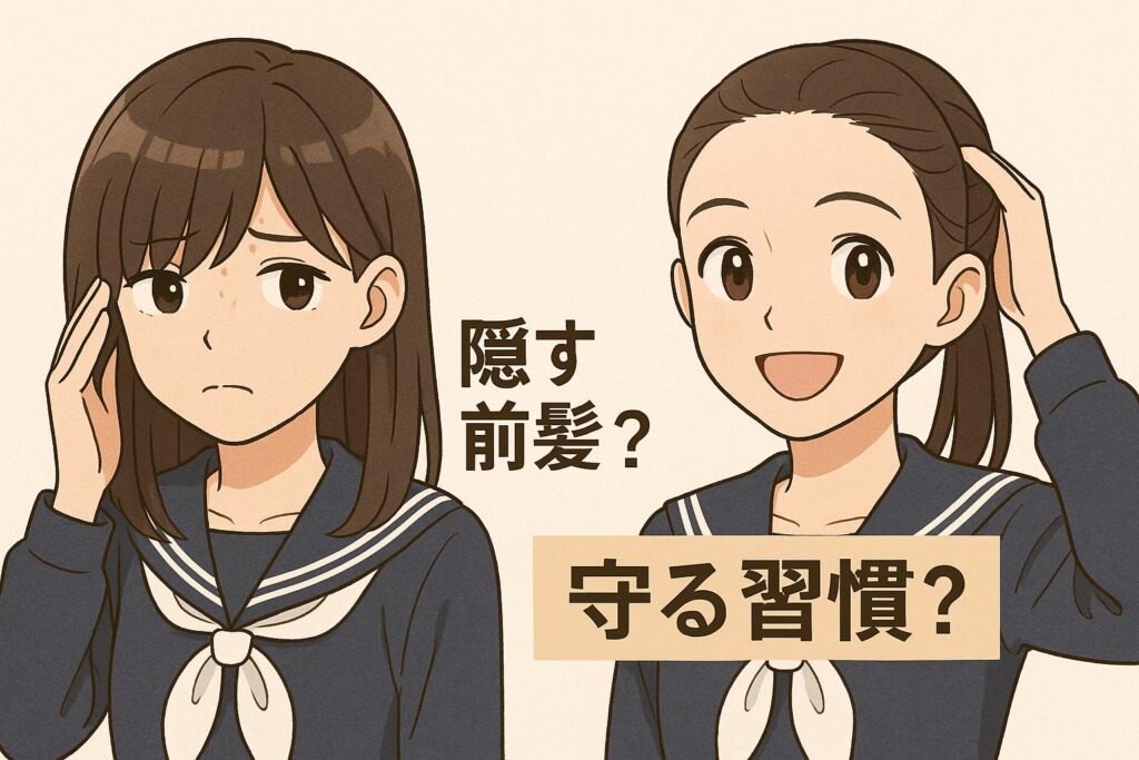 セーラー服の女子高生が並んで描かれたイラスト。左は前髪でおでこを隠し、不安そうな表情。右は前髪を上げて笑顔で明るい表情。「隠す前髪? 守る習慣?」というキャッチコピーが配置され、前髪とおでこニキビの関係を対比的に表現している。