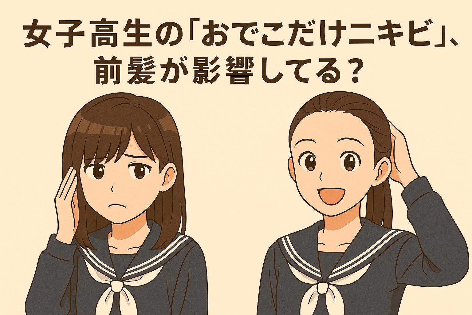 セーラー服の女子高生が2人並んで描かれたアニメ調イラスト。左は前髪でおでこを隠し、ニキビに悩んでいる表情。右は前髪を上げておでこを見せ、笑顔で明るい表情をしている。上部には「女子高生の『おでこだけニキビ』、前髪が影響してる？」というタイトルが配置されている。