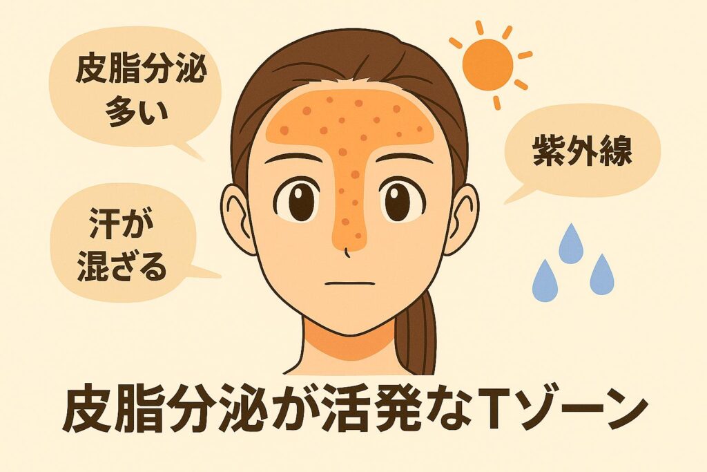 アニメ調の図解イラスト。女子の顔のTゾーン(額から鼻筋)がオレンジ色で強調され、ニキビが描かれている。周囲には「皮脂分泌多い」「紫外線」「汗が混ざる」という吹き出しと、太陽や水滴のアイコンが配置されている。下部には「皮脂分泌が活発なTゾーン」と大きな文字が表示されている。