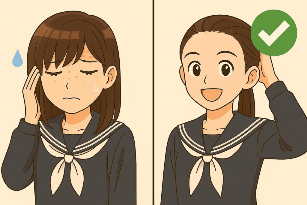 アニメ調の比較イラスト。左側はセーラー服の女子高生が前髪でおでこを隠し、汗マーク付きで悩んだ表情。右側は前髪を上げた女子高生が笑顔で明るく描かれ、右上には緑のチェックマークが表示されている。前髪とおでこニキビの「隠す=悪化」「上げる=改善」を直感的に示している。