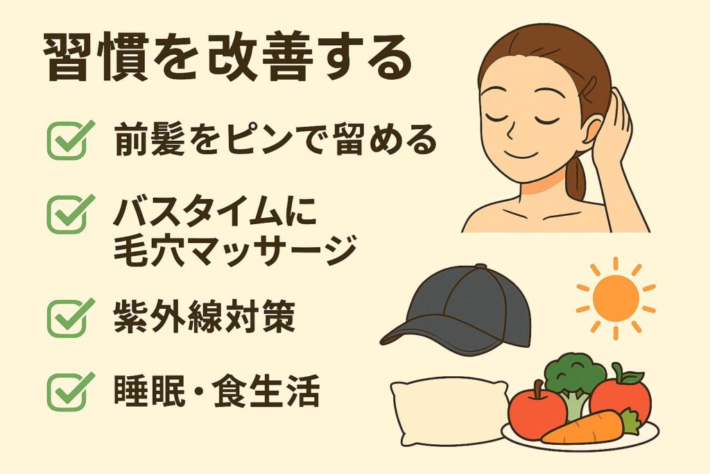 ニメ調のチェックリスト型イラスト。左側に「前髪をピンで留める」「バスタイムに毛穴マッサージ」「紫外線対策」「睡眠・食生活」と緑色のチェックマーク入りで並んでいる。右側には前髪を上げる女性、帽子と太陽、野菜と枕のイラストが配置され、ニキビ予防の習慣改善をわかりやすく表現している。