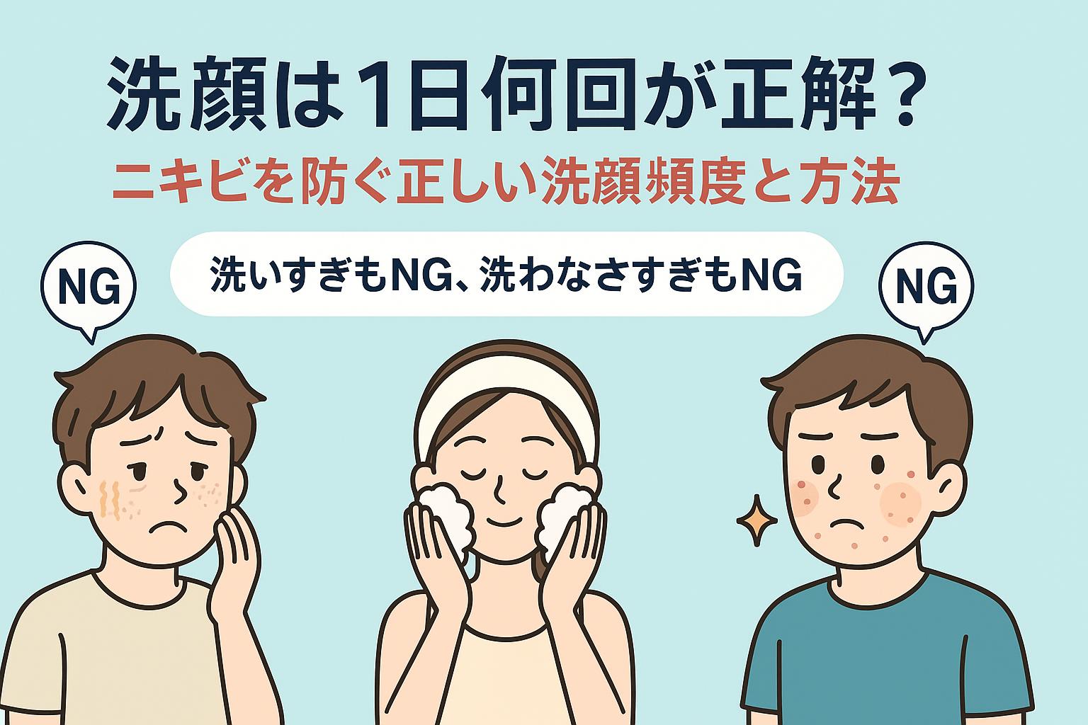 「洗顔は1日何回が正解？ニキビを防ぐ正しい洗顔頻度と方法」と大きく書かれた横長イラスト。中央に泡洗顔をしている女性、左に洗いすぎて乾燥した男性、右に洗わなすぎてニキビがある男性が描かれ、「洗いすぎもNG、洗わなさすぎもNG」と示されている。
