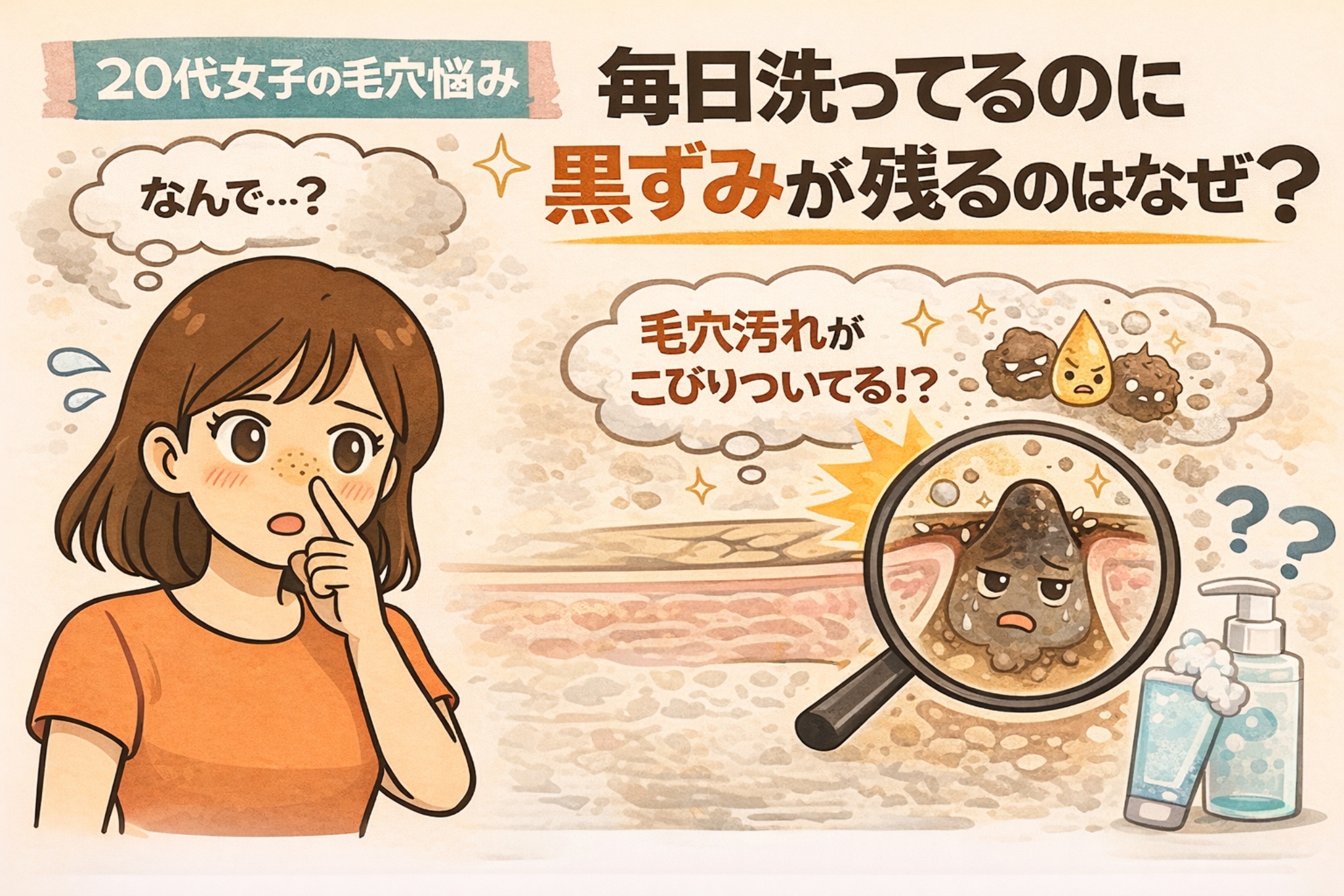 毎日洗顔しているのに鼻の黒ずみが残る理由を解説するイラスト。20代女性が鏡を見て悩んでおり、毛穴の中に皮脂と角質が詰まって黒ずんでいる様子を拡大図で表現している。洗顔料や泡だけでは落ちない角栓の構造を分かりやすく示した図解。
