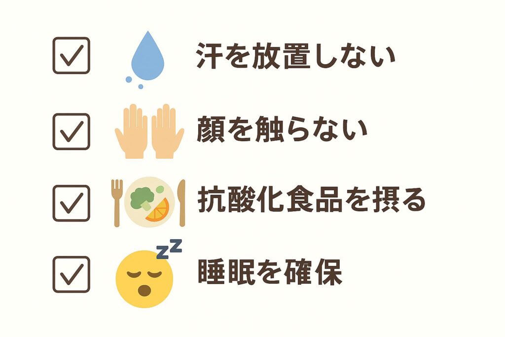 「日常習慣チェックリストを示すイラスト。チェックボックスとアイコン付きで4項目が並ぶ。💦 汗を放置しない、👐 顔を触らない、🍽 抗酸化食品を摂る、😴 睡眠を確保。」 