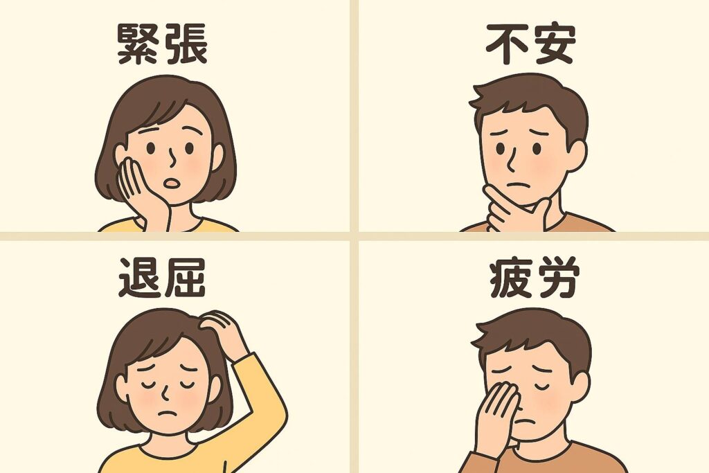 「4コマ風イラスト。左上:緊張で頬に手を当てる人物。右上:不安であごをなでる人物。左下:退屈で頭をかく人物。右下:疲労で目元を押さえる人物。感情と行動のリンクを表した図解。」