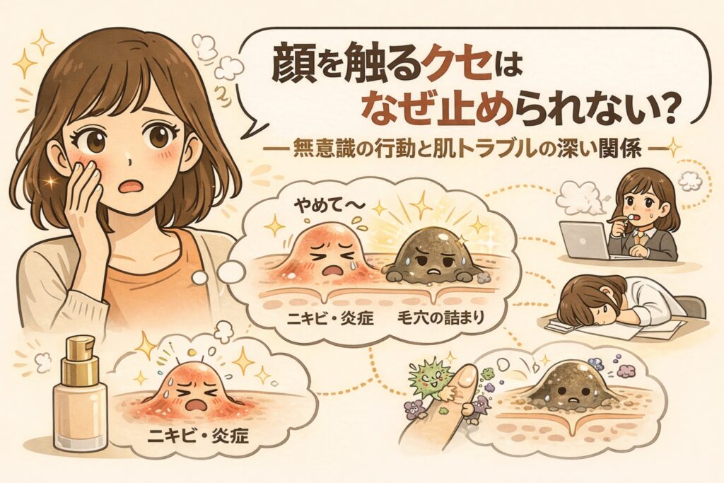 顔を無意識に触ってしまう女性と、その行動がニキビや炎症、毛穴詰まりにつながる仕組みをやさしいタッチのイラストで解説した図解。デスクワークやスマホ操作中の無意識な接触と、肌トラブルの関係を視覚的に示している。