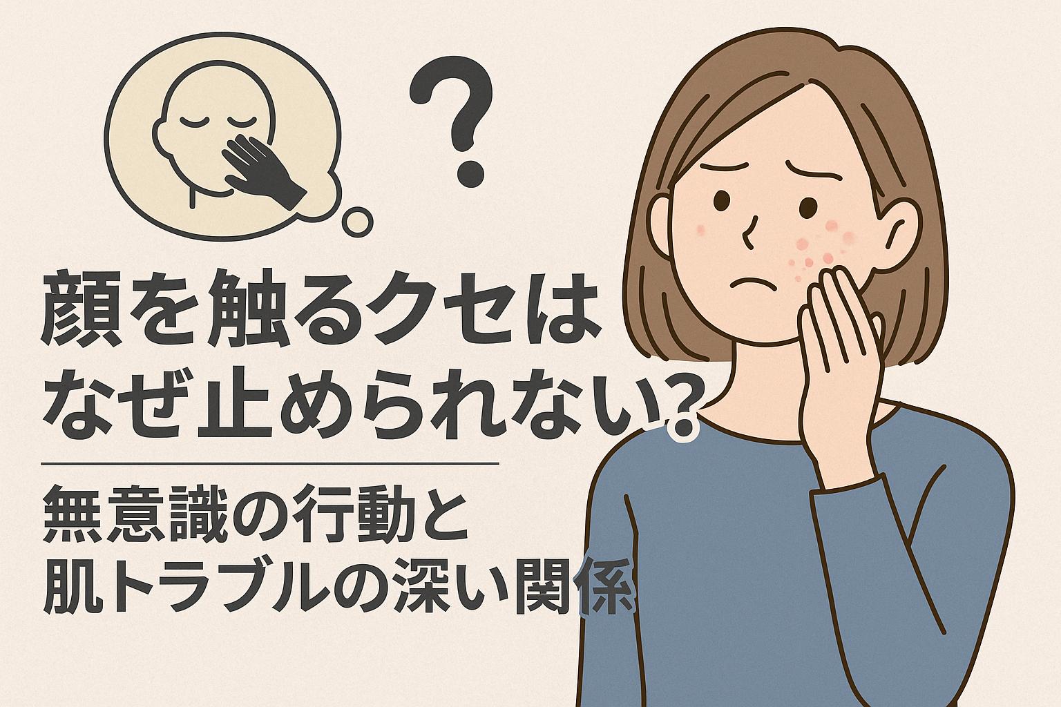 「顔を触るクセはなぜ止められない？無意識の行動と肌トラブルの深い関係」という日本語テキストと共に、頬にニキビがある女性が無意識に顔を触って悩んでいる様子を描いたイラスト。背景は淡い色合いでシンプル。