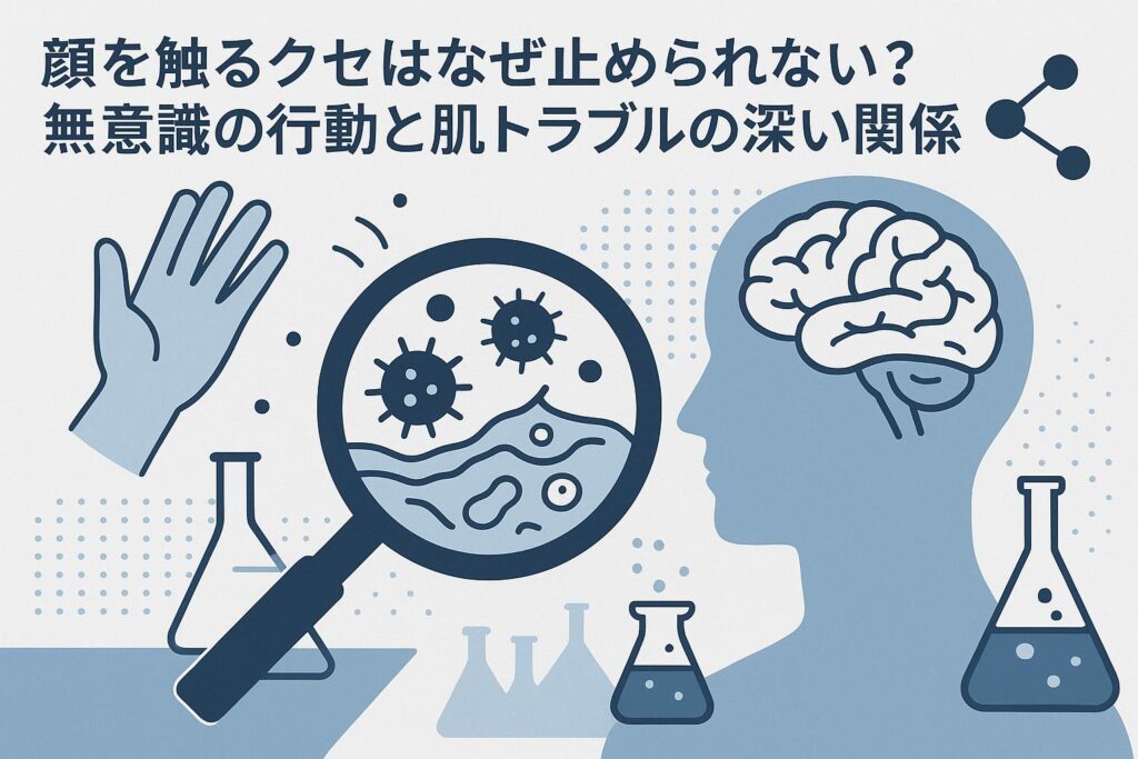 「顔を触るクセはなぜ止められない?無意識の行動と肌トラブルの深い関係」をテーマにした科学的イラスト。手・脳・顕微鏡・細菌・フラスコなどが淡いブルーで描かれ、無意識行動と皮膚トラブルの因果を象徴的に示す構図。