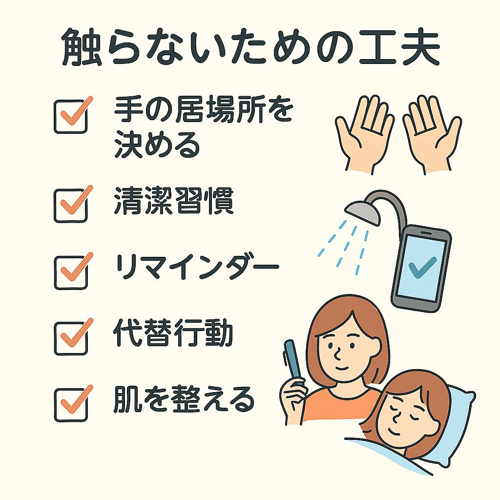 「触らないための工夫」を示す日本語チェックリスト型インフォグラフィック。
🙌 手の居場所を決める(両手のイラスト)
🚿 清潔習慣(シャワーとスマホのイラスト)
📱 リマインダー(スマホのチェックマーク)
🌙 代替行動(女性が手に物を持つイラスト)
🛌 肌を整える(寝ている女性のイラスト)
顔を触らない習慣づくりの工夫を、チェックリスト形式で分かりやすく表現。
