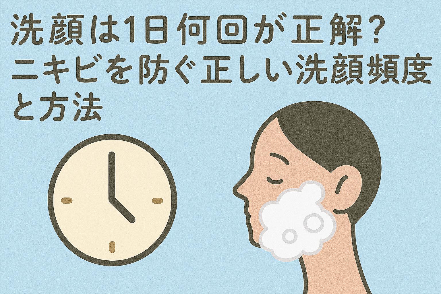 洗顔回数とタイミングを象徴する時計と、泡洗顔中の人物イラストが描かれた、正しい洗顔頻度を伝えるアイキャッチ画像