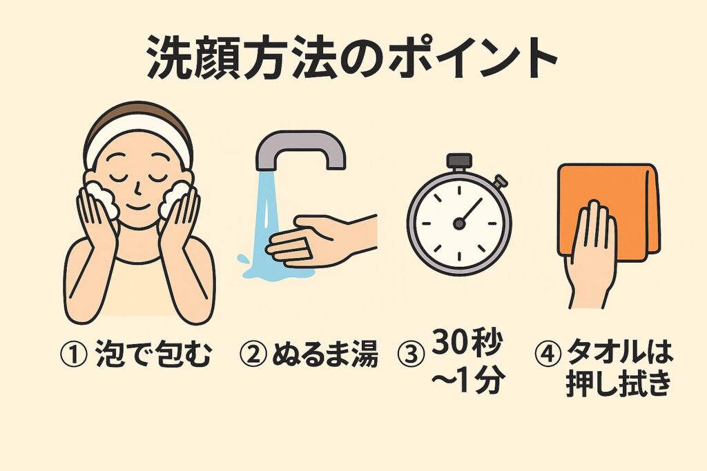 「洗顔方法のポイント」と書かれた日本語の図解。
左から順に「①泡で包む(女性が泡洗顔しているイラスト)」「②ぬるま湯(水道から手に水を受けているイラスト)」「③30秒〜1分(ストップウォッチのイラスト)」「④タオルは押し拭き(タオルで顔を優しく押さえる手のイラスト)」が描かれ、正しい洗顔手順を示している。
