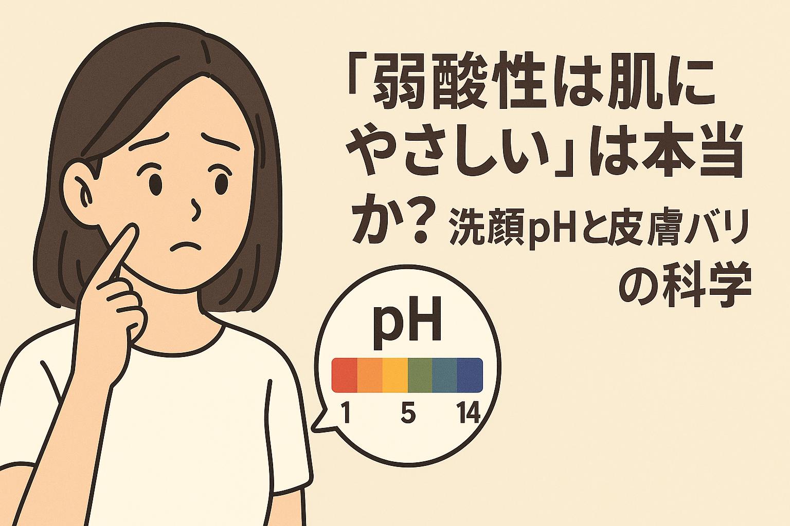 洗顔のpHについて悩む女性が頬を触れているイラスト。右側には「弱酸性は肌にやさしい」は本当か？という太字のテキストと、pHスケールが描かれている。