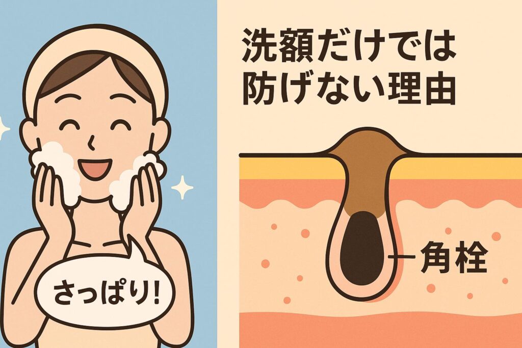 「左側に泡洗顔で“さっぱり!”と笑顔の女性、右側に毛穴の断面図が描かれ、奥に角栓が残っている様子を示したイラスト。テキスト『洗顔だけでは防げない理由』と表示されている。」
