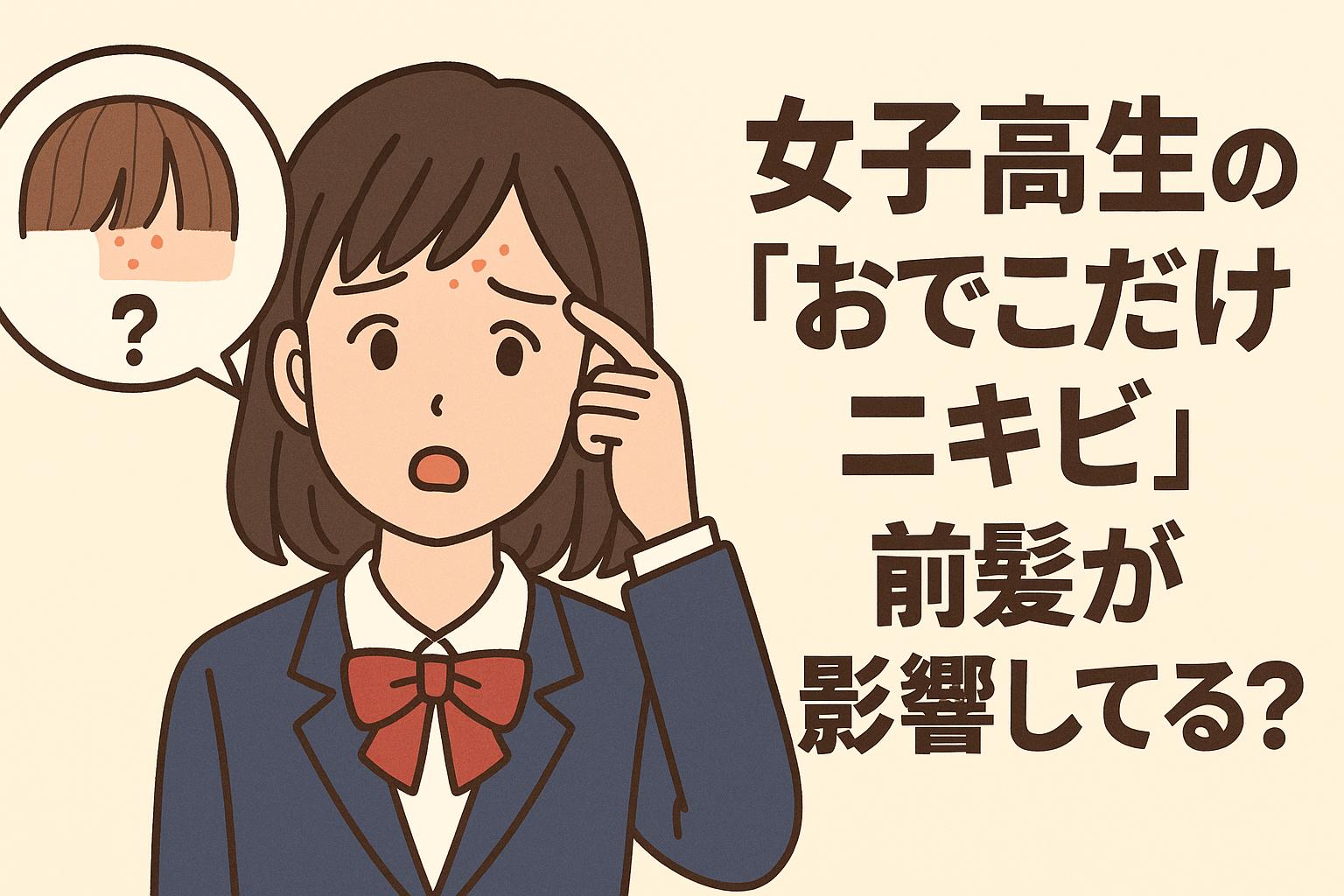 女子高生が額にだけニキビができて悩んでいる様子を描いたイラスト。制服を着た女子生徒が指で額を指しながら、「前髪が原因かも？」と考えている。左上には前髪が肌にかかるイメージの吹き出しがあり、右側には「女子高生の『おでこだけニキビ』前髪が影響してる？」という太字テキストが配置されている。おでこのみに集中したニキビと前髪の関係を訴求する構成。