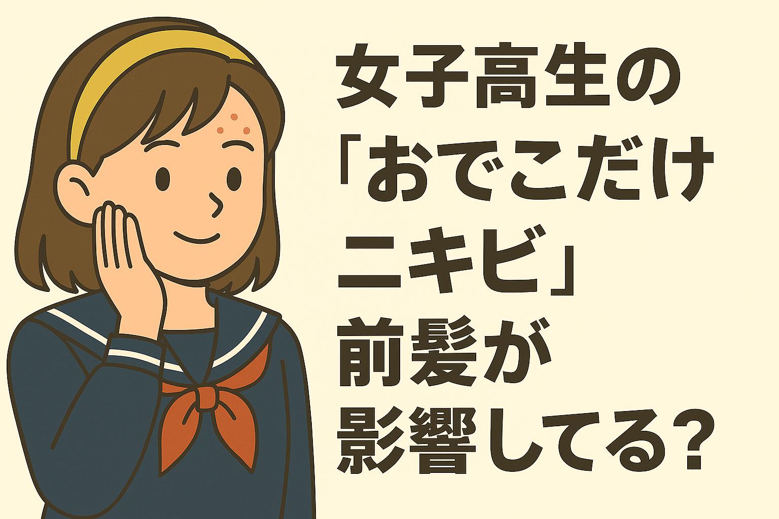前髪が額にかかる女子高生が、ニキビのあるおでこを手で触れている様子を描いたイラスト