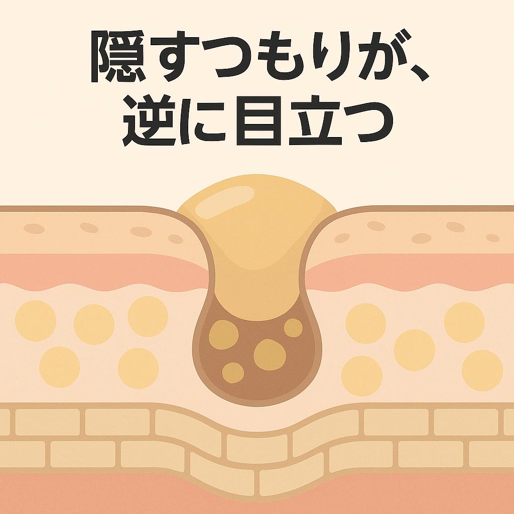 「隠すつもりが、逆に目立つ」と書かれたイラスト。
毛穴の断面図に、角栓の上にファンデーションが落ち込み、凹凸が強調されている様子を描写。