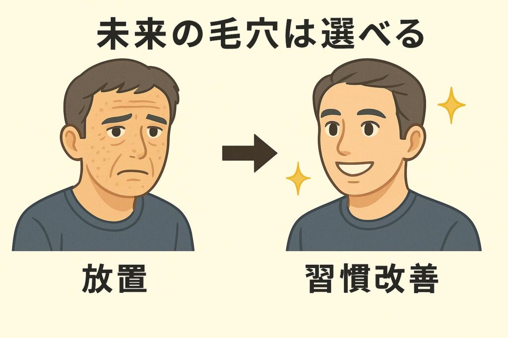 「ビフォーアフター対比イラスト。左は毛穴を放置してザラつき・老け見えした男性、右は習慣改善で清潔感と若々しさを取り戻した男性。中央に矢印、上部に『未来の毛穴は選べる』、下部に『放置』『習慣改善』と書かれている。」