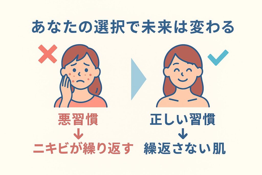 「未来の肌の分岐を示す図。中央に『あなたの選択で未来は変わる』と書かれている。左側は赤い❌マーク付きで、ニキビや赤みがある不安そうな女性の顔と『悪習慣 → ニキビが繰り返す』の文字。右側は青い✅マーク付きで、透明感のある笑顔の女性の顔と『正しい習慣 → 繰り返さない肌』の文字が描かれている。」