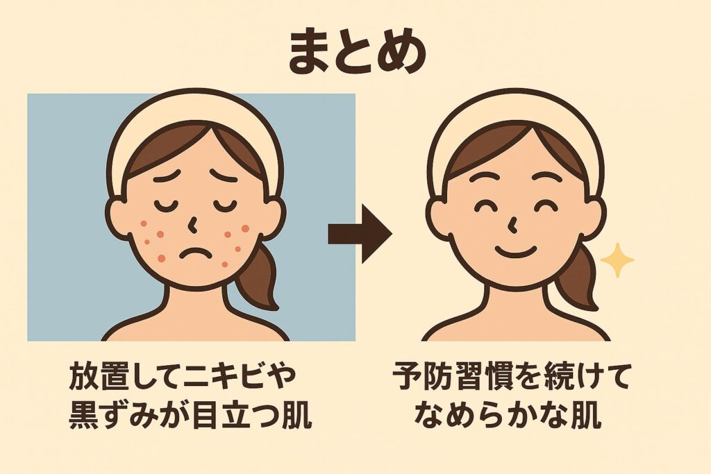 「ビフォーアフター形式の肌イメージ。左は放置してニキビや黒ずみが目立つ女性の顔、右は予防習慣を続けてなめらかになった笑顔の女性の顔。中央に矢印があり、肌の変化を対比的に示している。」