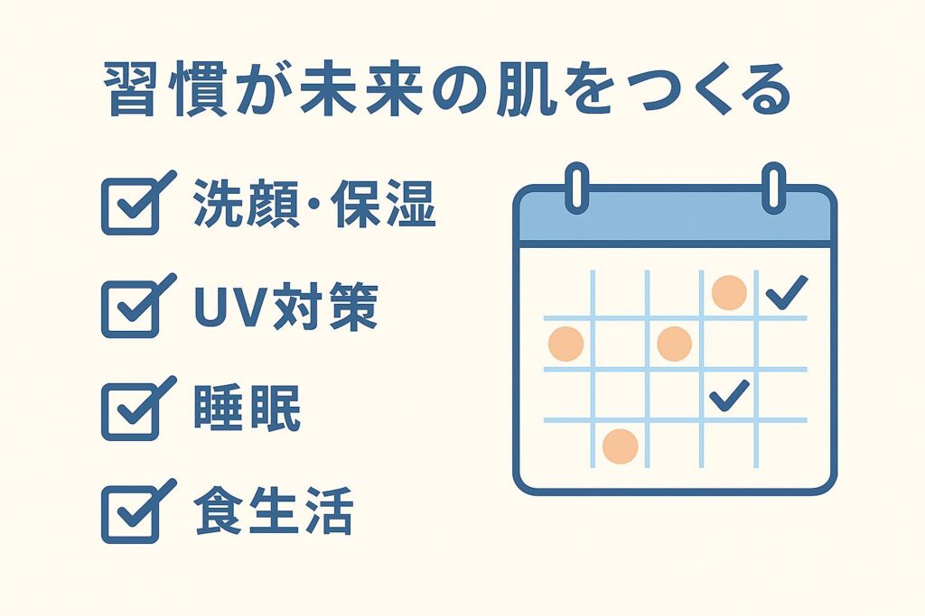 「習慣が未来の肌をつくる」というメッセージを中心に据えた図。左側にチェックリストとして「洗顔・保湿」「UV対策」「睡眠」「食生活」が並び、それぞれにチェックマークが付いている。右側にはカレンダーのイラストが描かれ、日付に○や✔が記され、継続をイメージさせるデザイン。