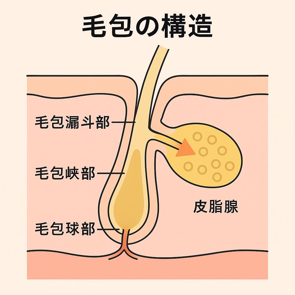 毛包の断面構造を示す教育用イラスト。皮膚断面の中に毛包が描かれ、「毛包漏斗部」「毛包峡部」「毛包球部」がラベル付きで表示。右側には黄色い丸い皮脂腺が描かれ、矢印で毛穴内に皮脂が流れ込む様子が示されている。タイトルは「毛包の構造」。