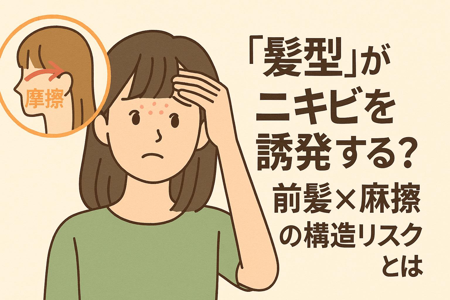 前髪の摩擦によるおでこのニキビを気にする女性のイラスト。髪型とニキビの関係を示す断面図と日本語テキスト入り。