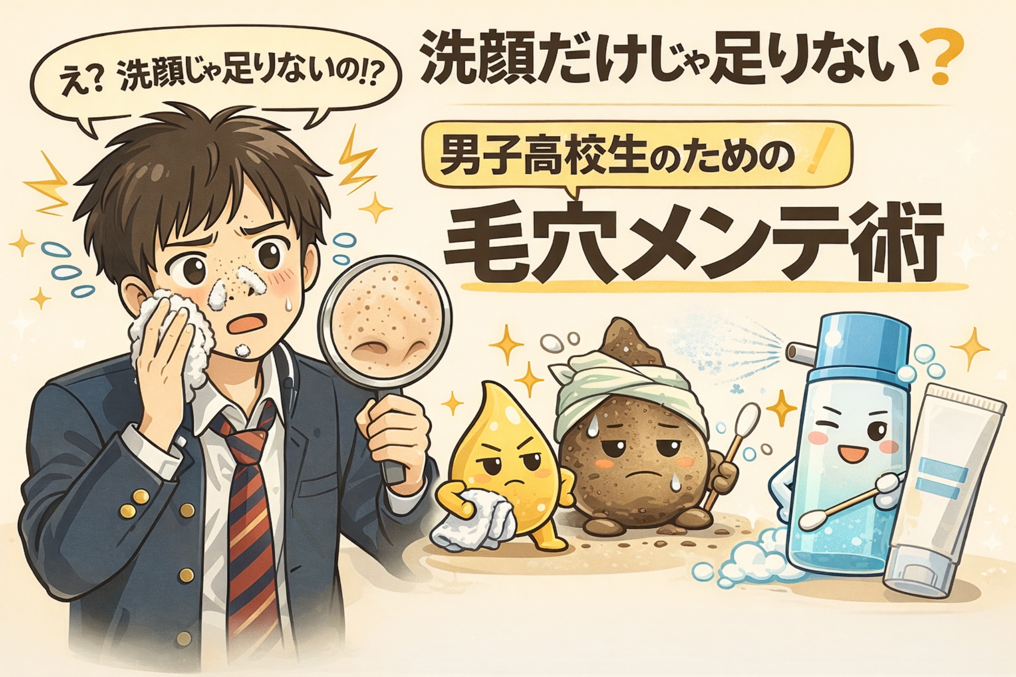 洗顔だけでは毛穴ケアが不十分な理由を解説したイラスト。男子高校生が洗顔後に毛穴の黒ずみや詰まりを気にして鏡で確認する様子と、皮脂や角栓を擬人化したキャラクター、スキンケアアイテムを通して、男性向けの毛穴メンテナンスの重要性をわかりやすく示している。