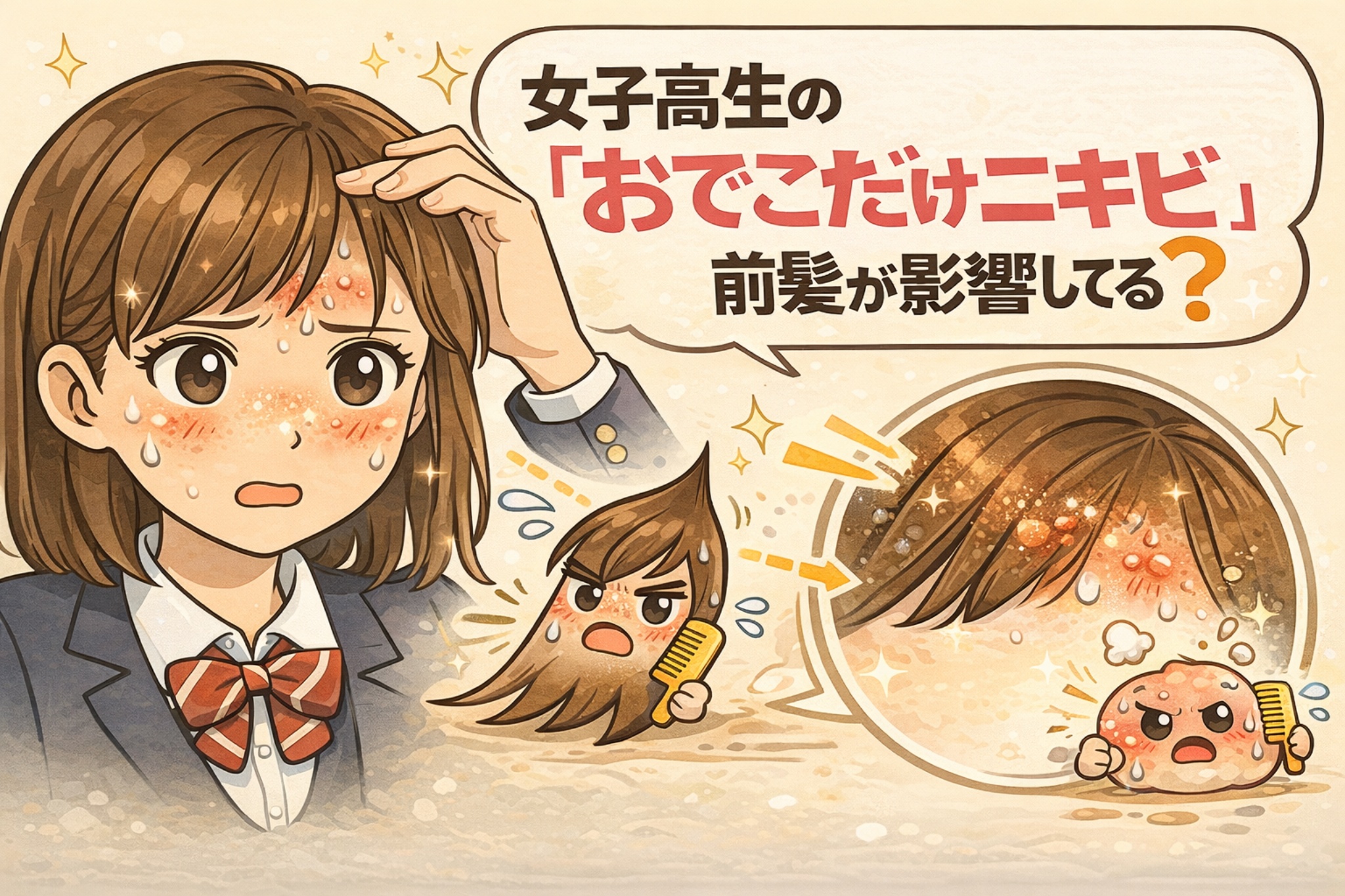 女子高生の「おでこだけニキビ」が前髪の影響で起きやすい理由を解説したイラスト。前髪による蒸れや皮脂、整髪料の付着が額の毛穴トラブルにつながる様子を、悩む表情の女子高生と拡大図でわかりやすく示している。