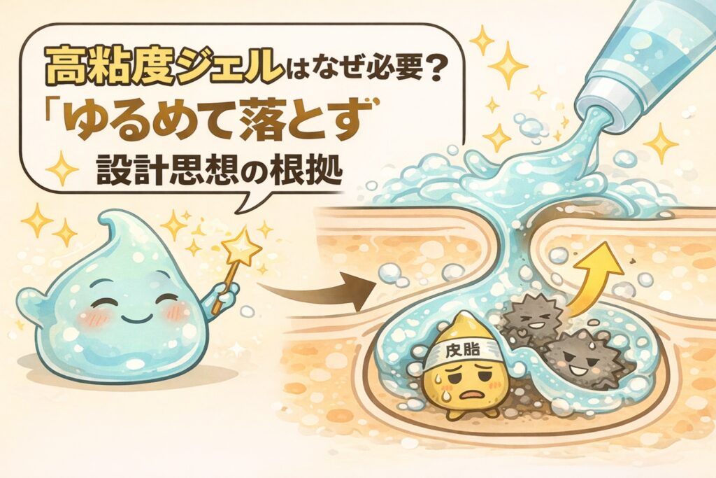 高粘度ジェルが毛穴ケアに必要な理由を解説したイラスト。「ゆるめて落とす」という設計思想をテーマに、ジェルが毛穴にとどまり、皮脂や角栓を包み込んで動かしやすくする仕組みが描かれている。擬人化されたジェルキャラクターと、毛穴断面で皮脂や汚れが浮き上がる様子を示した淡いベージュ背景の図解アイキャッチ。