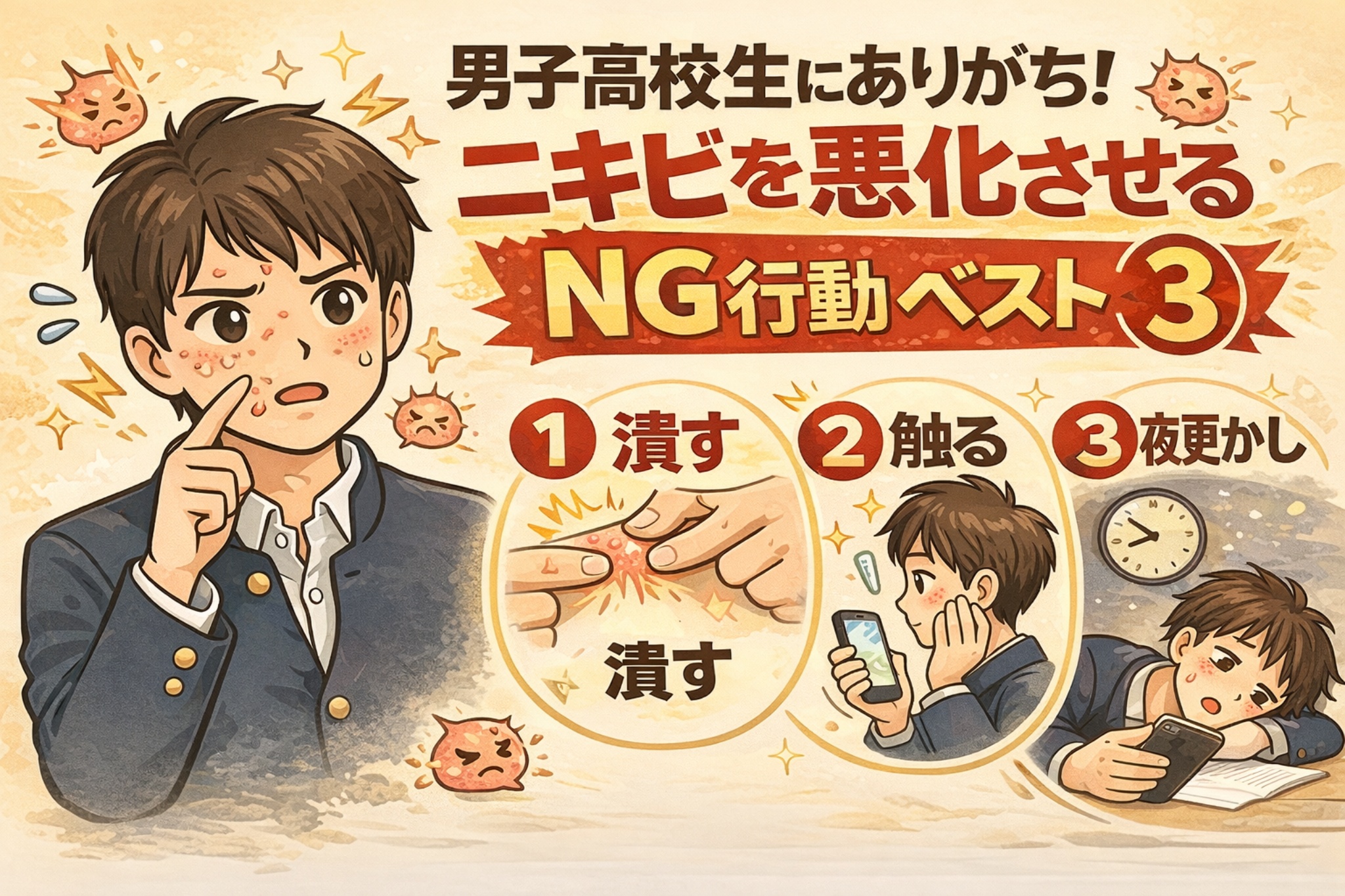 男子高校生にありがちな、ニキビを悪化させるNG行動ベスト3を解説した図解イラスト。潰す・触る・夜更かしの行動がニキビ悪化につながる様子を、困った表情の男子生徒とシーン別イラストで表現している。