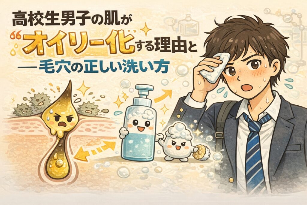 高校生男子の肌が皮脂でオイリーになりやすい理由と、毛穴の正しい洗い方を図解したイラスト。汗をかく男子学生と、皮脂が多い毛穴構造、洗顔フォームによる適切なケアを擬人化キャラクターで表現している。