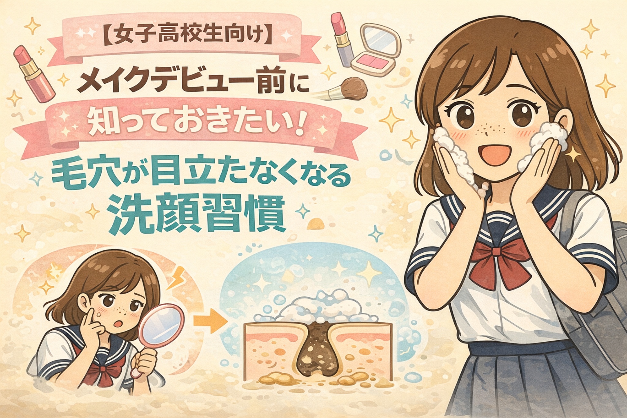 女子高校生向けに、メイクデビュー前に知っておきたい毛穴が目立たなくなる洗顔習慣を解説したイラスト。制服姿の女子高校生が泡洗顔をしている様子と、毛穴断面図による汚れの落ち方を組み合わせ、正しい洗顔習慣で毛穴トラブルを防ぐ重要性をやさしく伝えている。