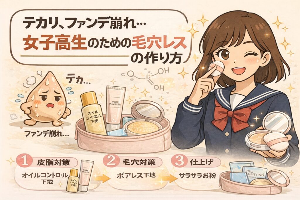 テカリやファンデ崩れに悩む女子高生向けに、毛穴レスな仕上がりをつくる方法を解説した図解イラスト。皮脂によるテカリや毛穴落ちを気にする様子と、オイルコントロール下地・ポアレス下地・サラサラお粉の3ステップで整えるメイク工程が描かれている。右側では制服姿の女子高生がパウダーで仕上げる様子が示され、清潔感のある毛穴レスメイクの作り方をわかりや