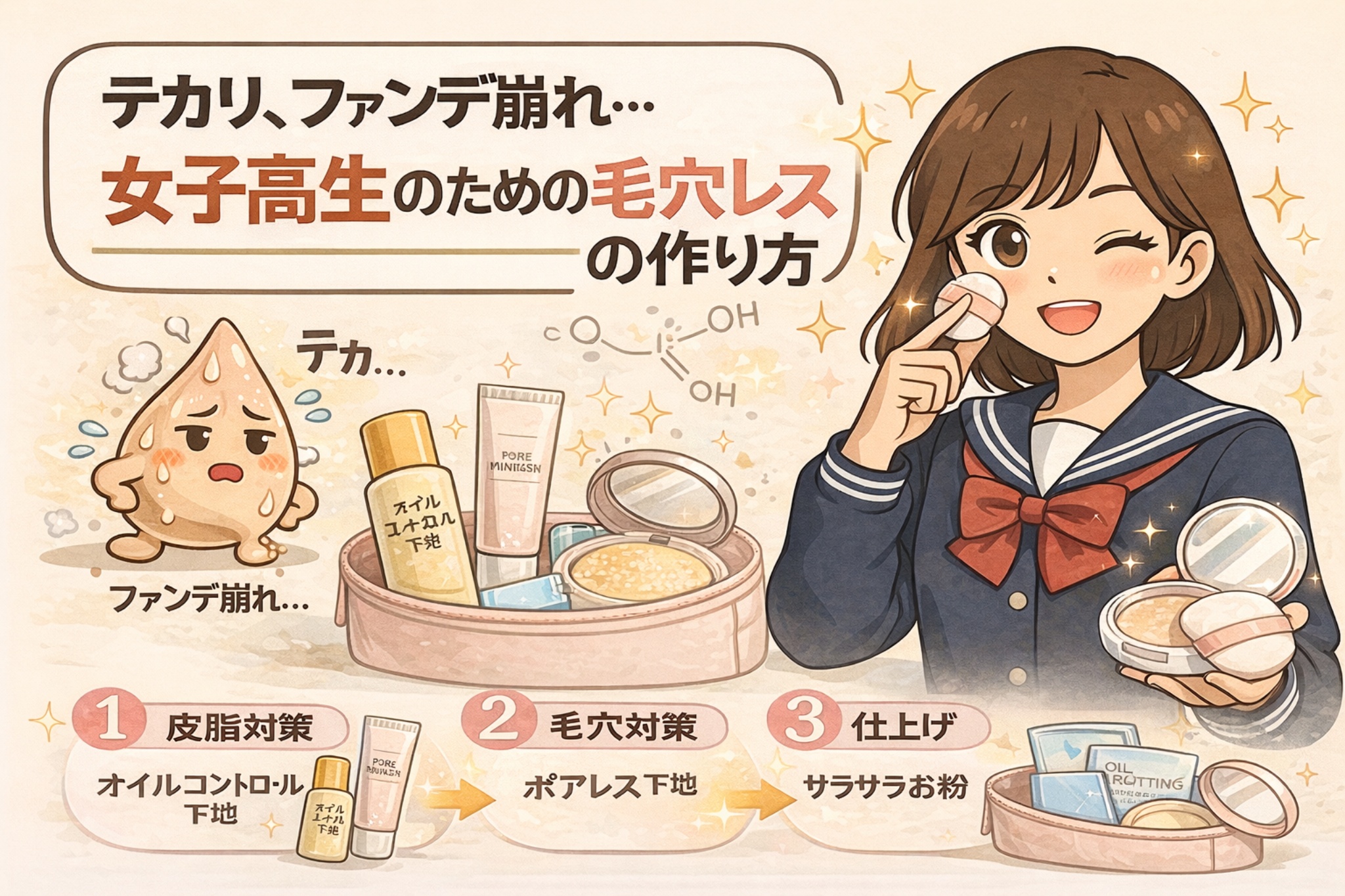 テカリやファンデ崩れに悩む女子高生向けに、毛穴レスな仕上がりをつくる方法を解説した図解イラスト。皮脂によるテカリや毛穴落ちを気にする様子と、オイルコントロール下地・ポアレス下地・サラサラお粉の3ステップで整えるメイク工程が描かれている。右側では制服姿の女子高生がパウダーで仕上げる様子が示され、清潔感のある毛穴レスメイクの作り方をわかりや