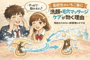 高校生のいちご鼻に「洗顔＋毛穴マッサージケア」が効果的な理由を解説する図解イラスト。泡洗顔をしながら鼻まわりをケアする高校生の男女が描かれ、毛穴断面図では角栓がたまりにくく流れが整う様子が示されている。矢印と泡の表現により、角栓をためない新習慣としての洗顔とマッサージケアの重要性をわかりやすく伝えるビジュアル。
