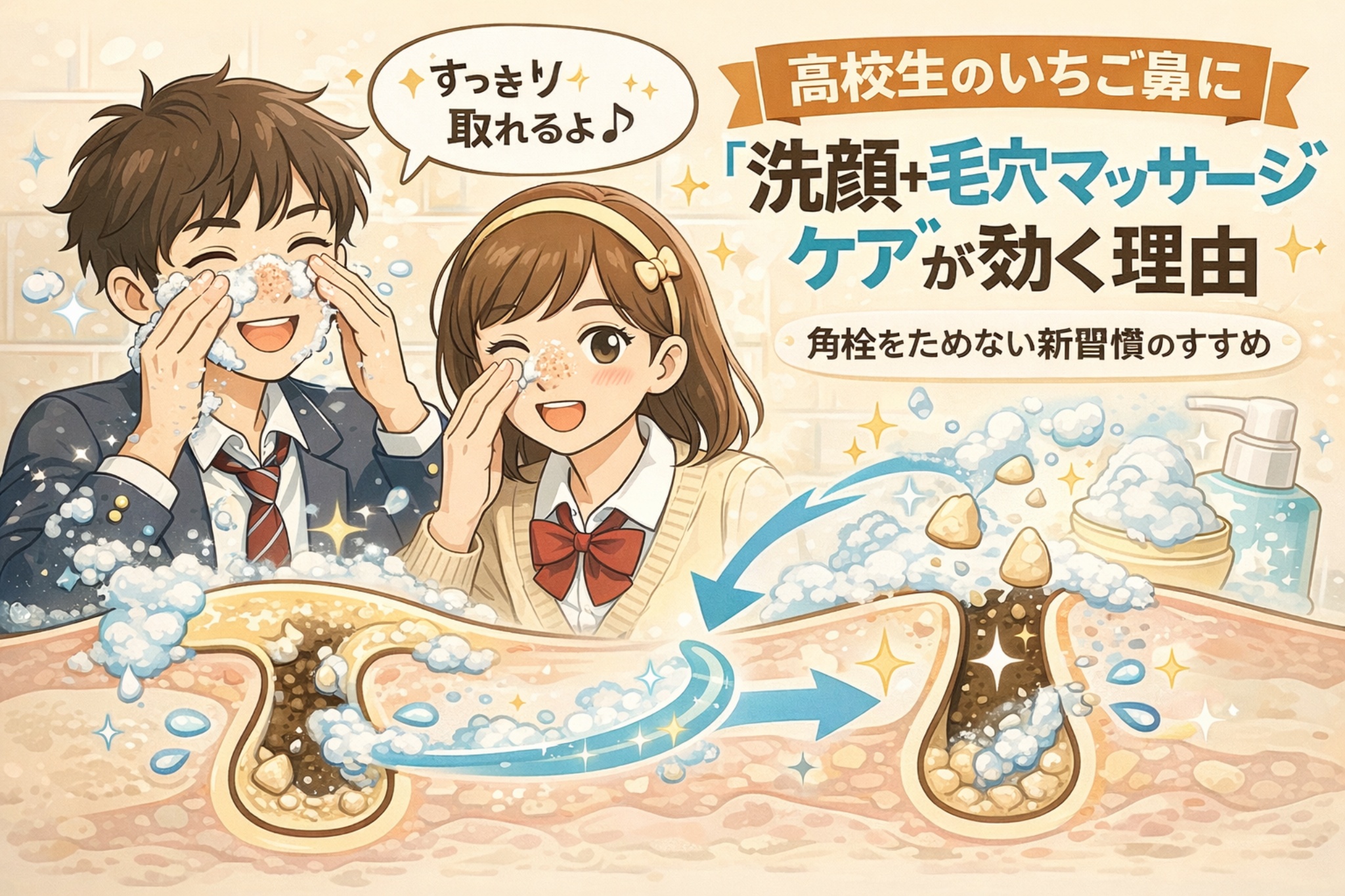 高校生のいちご鼻に「洗顔＋毛穴マッサージケア」が効果的な理由を解説する図解イラスト。泡洗顔をしながら鼻まわりをケアする高校生の男女が描かれ、毛穴断面図では角栓がたまりにくく流れが整う様子が示されている。矢印と泡の表現により、角栓をためない新習慣としての洗顔とマッサージケアの重要性をわかりやすく伝えるビジュアル。
