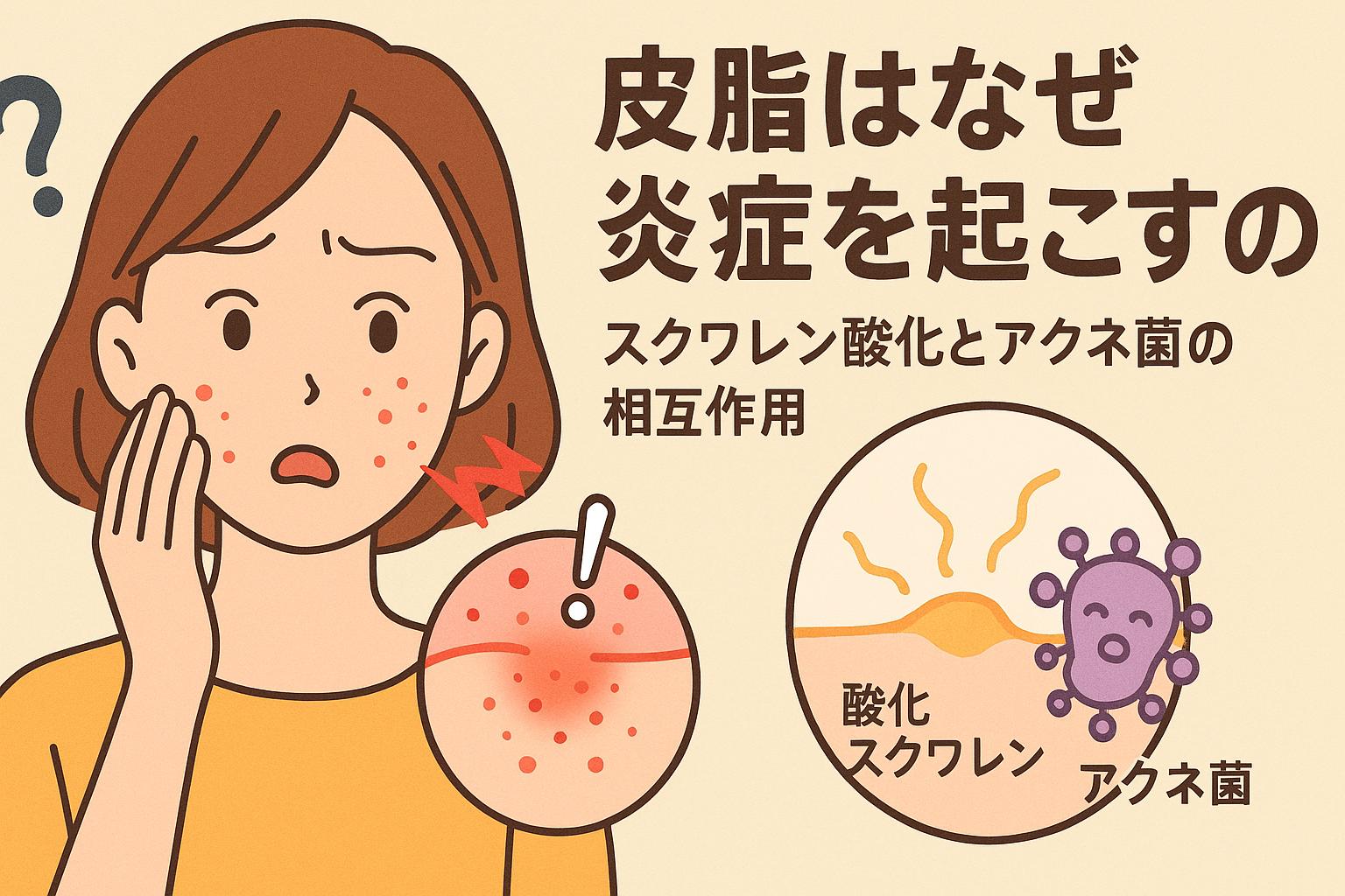 頬の赤い炎症を心配そうに触る女性のイラスト。酸化スクワレンとアクネ菌のイメージ図が右側に描かれ、皮脂炎症のメカニズムを視覚化。