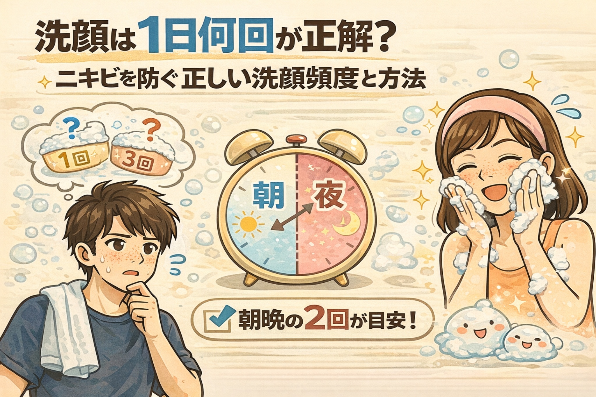 洗顔は1日に何回が正解かを解説する図解イラスト。ニキビを防ぐ正しい洗顔頻度として、朝と夜の2回が目安であることを示している。左側には1回か3回か迷う男性、中央には朝と夜を示す時計、右側には泡洗顔をしている女性が描かれ、過度な洗顔や洗いすぎを避ける重要性をわかりやすく伝えるビジュアル。