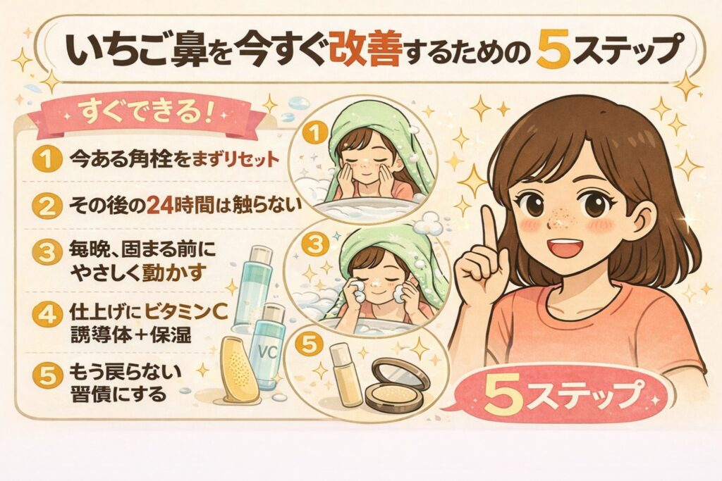 いちご鼻を今すぐ改善するための5ステップをまとめた解説イラスト。①今ある角栓を一度リセットする、②その後24時間は触らない、③毎晩角栓が固まる前にやさしく動かす、④仕上げにビタミンC誘導体と保湿で肌を整える、⑤再発しないよう習慣化する、という流れが番号付きで示されている。女性が指を立てて説明する構図で、即効性のある対処と継続ケアを組み合わせる重要性を視覚的にわかりやすく伝えている。