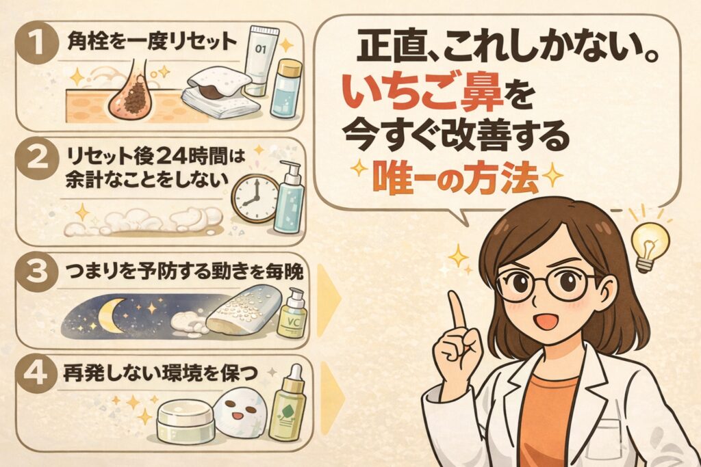 いちご鼻を今すぐ改善するための唯一の方法を4ステップで示した図解イラスト。①角栓を一度リセット、②リセット後24時間は刺激を避ける、③毎晩つまらせないケアを行う、④再発しない肌環境を保つ流れを、毛穴断面やスキンケア用品のイラストと、白衣で眼鏡の女性が指を立てて解説している構図。