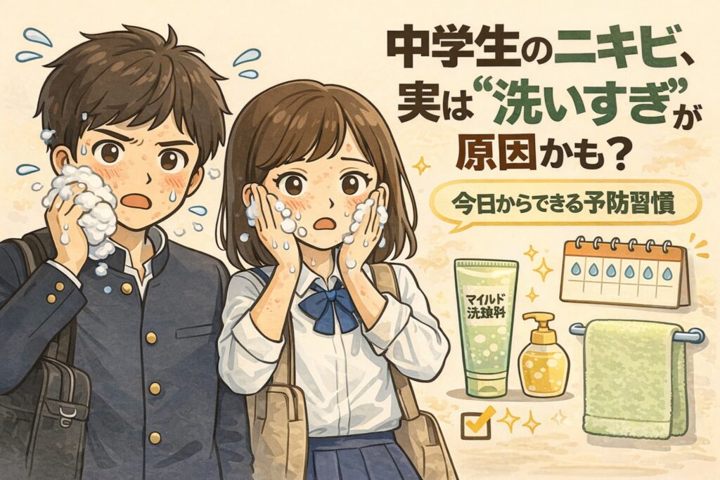 中学生のニキビは「洗いすぎ」が原因になることがある点を解説したイラスト。強い洗顔で皮脂を落としすぎると肌バリアが乱れ、かえってニキビができやすくなる様子を、洗顔中の男女生徒と予防習慣のアイコンでわかりやすく示している。