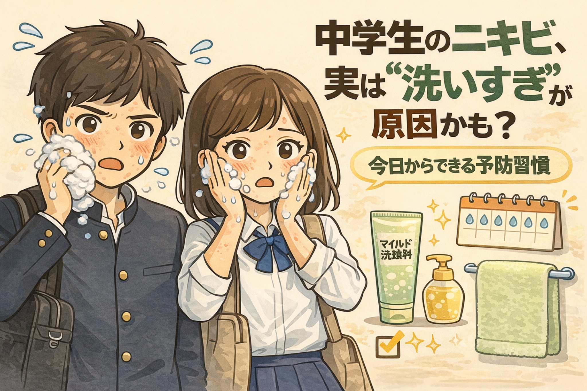 中学生のニキビは「洗いすぎ」が原因になることがある点を解説したイラスト。強い洗顔で皮脂を落としすぎると肌バリアが乱れ、かえってニキビができやすくなる様子を、洗顔中の男女生徒と予防習慣のアイコンでわかりやすく示している。