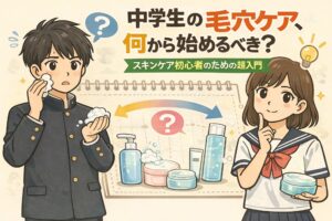 中学生の毛穴ケアは何から始めるべきかを、洗顔に迷う男子生徒とスキンケアを考える女子生徒のイラストで解説した図解。スキンケア初心者向けに、基本アイテムの選び方や最初の一歩となる考え方をやさしく示している。