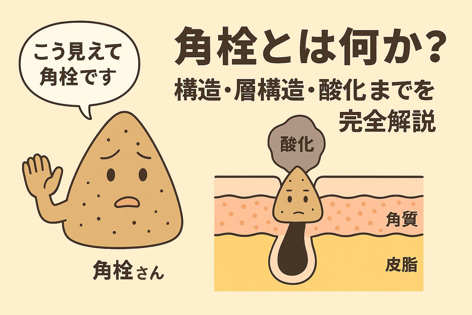 擬人化された角栓キャラと、皮膚断面図で角質・皮脂層および酸化までの構造変化を解説する図解イラスト