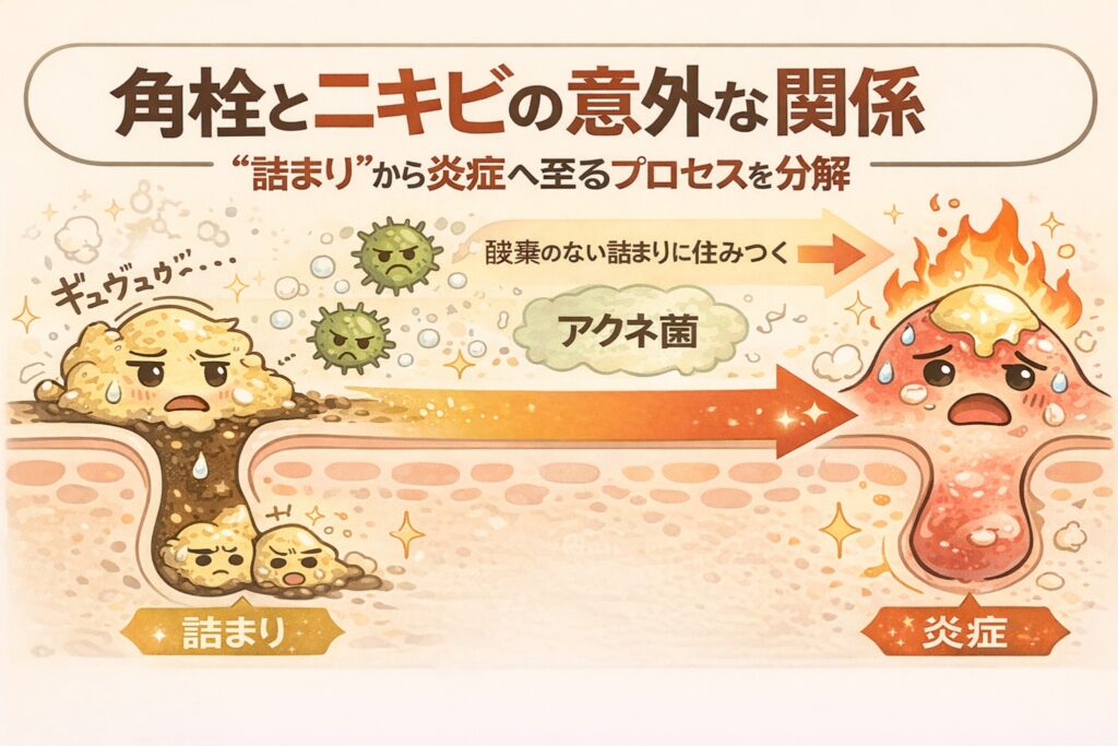 角栓とニキビの関係を、毛穴の詰まりから炎症に至るプロセスとして解説したイラスト。角栓によって酸素が届きにくくなった毛穴内にアクネ菌が増え、炎症へ進行する流れを断面図と矢印でわかりやすく示している。