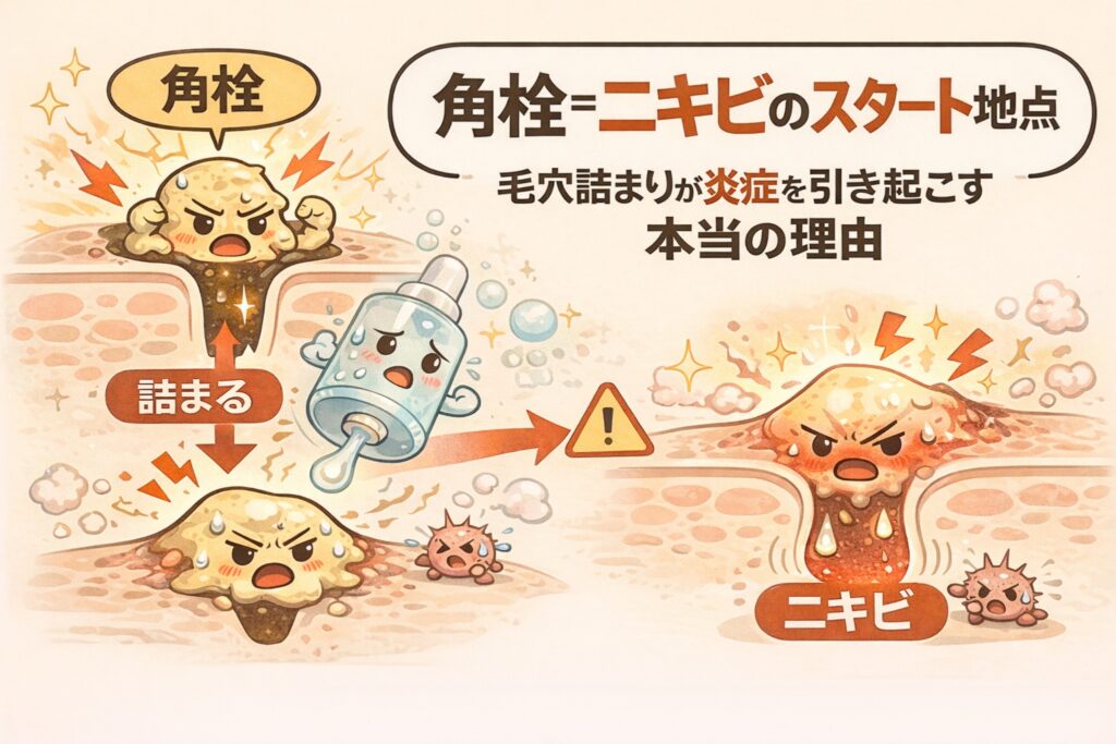 角栓がニキビのスタート地点になる仕組みを解説したイラスト図解。毛穴に角栓が詰まることで炎症が起こり、最終的にニキビへ進行する流れを、毛穴断面図と擬人化キャラクターで段階的に示している。