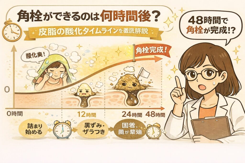 角栓ができるまでの時間を、皮脂の酸化タイムラインとして0時間・12時間・24時間・48時間で解説した図解イラスト。皮脂の酸化が進み、黒ずみや固着、菌の増殖を経て48時間で角栓が完成する流れを示している。